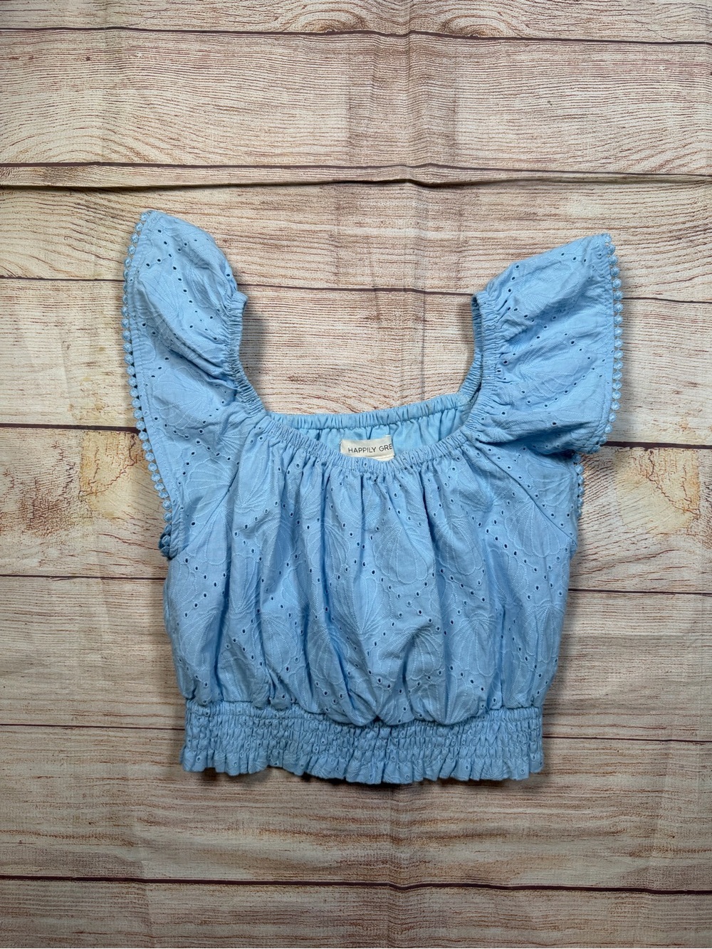 Powder Blue Cottage Eyelet Smocked Puff Sleeve Top